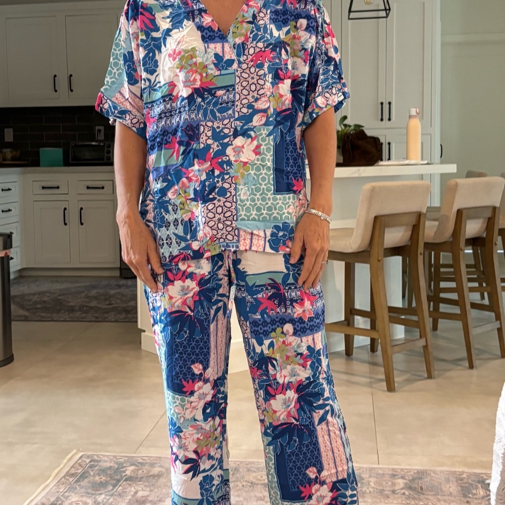 Natori Floral Patchwork Pajama Set - Blue and Pink